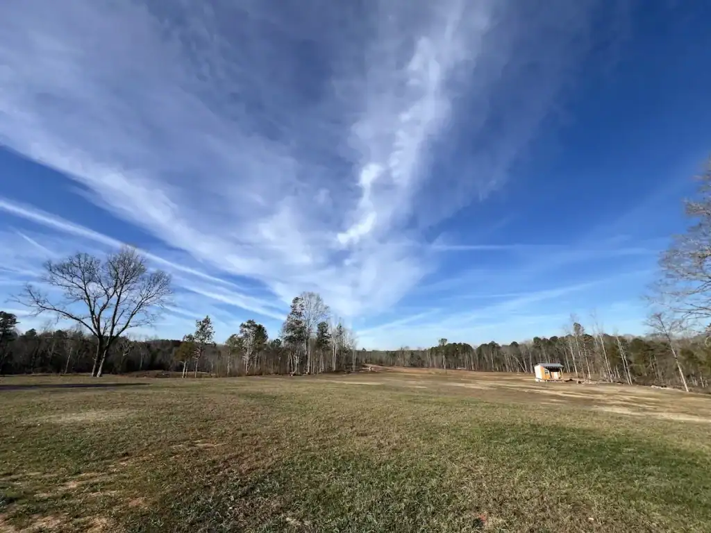 Open rural field with bare winter trees and dramatic sky