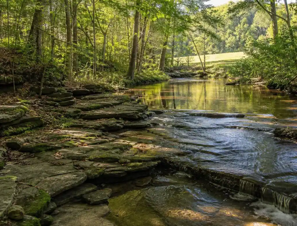 Peaceful forest stream with flat mossy rocks and green trees